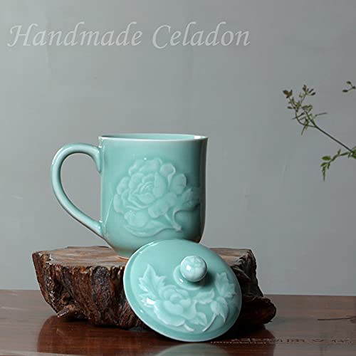 Handmade Celadon Teacups 13oz Coffee Mugs with Lid Porcelain Cups Embossed with Peony Chinese Celadon(01-Sky Blue) - Image 2