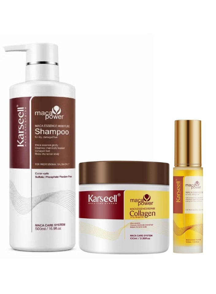 Karseell Maca Power Hair Care Set | Moisture Shampoo 500ml + Collagen Hair Mask 100ml + Maca Essence Oil 50ml | Repair Damaged Hair, Deep Nourishment & Shine | Sulfate-Free Formula - Image 1