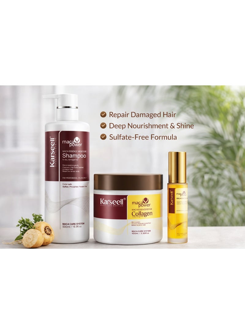 Karseell Maca Power Hair Care Set | Moisture Shampoo 500ml + Collagen Hair Mask 100ml + Maca Essence Oil 50ml | Repair Damaged Hair, Deep Nourishment & Shine | Sulfate-Free Formula - Image 2