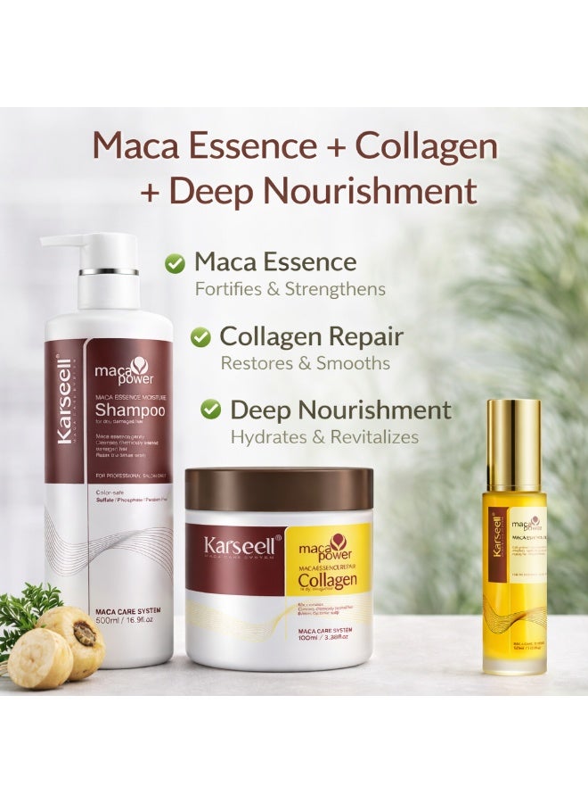 Karseell Maca Power Hair Care Set | Moisture Shampoo 500ml + Collagen Hair Mask 100ml + Maca Essence Oil 50ml | Repair Damaged Hair, Deep Nourishment & Shine | Sulfate-Free Formula - Image 3