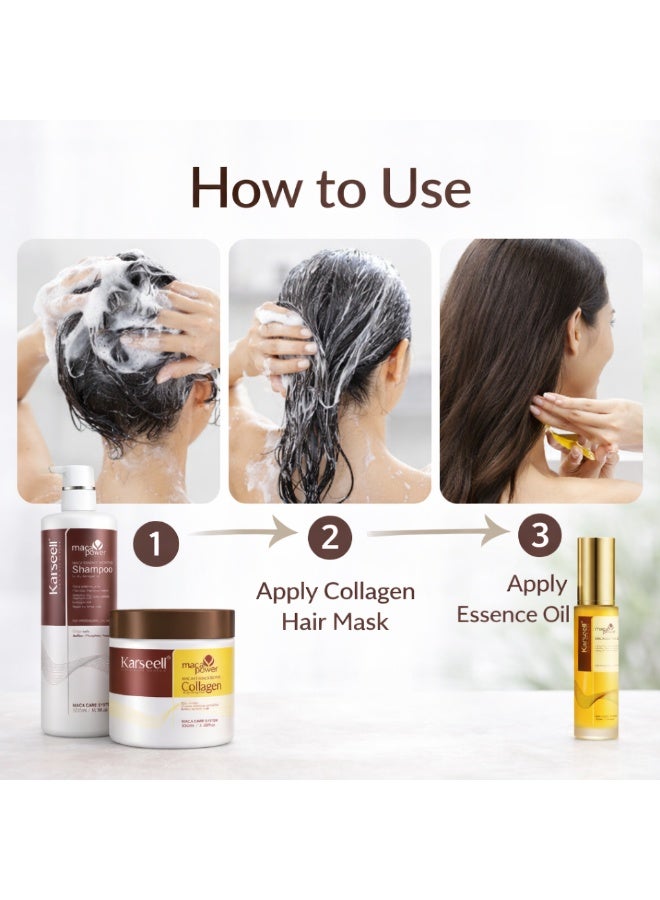 Karseell Maca Power Hair Care Set | Moisture Shampoo 500ml + Collagen Hair Mask 100ml + Maca Essence Oil 50ml | Repair Damaged Hair, Deep Nourishment & Shine | Sulfate-Free Formula - Image 4