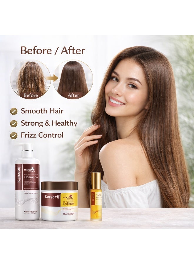 Karseell Maca Power Hair Care Set | Moisture Shampoo 500ml + Collagen Hair Mask 100ml + Maca Essence Oil 50ml | Repair Damaged Hair, Deep Nourishment & Shine | Sulfate-Free Formula - Image 5