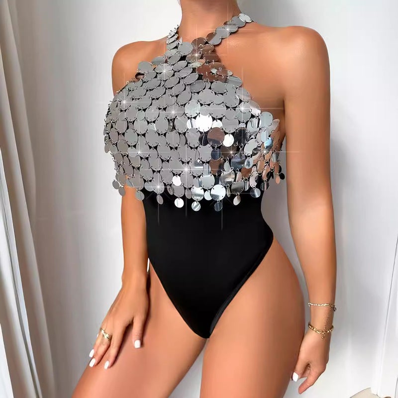 2026 New Model -Selling Nightclub Sequin Solid Color Handmade Sequin Backless Top Set H21695 - Image 4