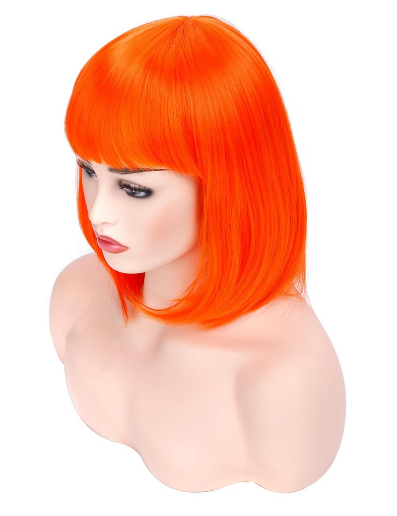 morvally Short Straight Bob Wig Heat Resistant Hair with Blunt Bangs Natural Looking Cosplay Costume Daily Wigs 12 Orange