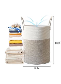 TYCOM Laundry Hamper Cotton Rope Basket Woven Laundry Basket for Blankets Storage Hamper with Handle Comforter Cushions Storage Bins Thread Blanket Towels Home Storage White Light Grey Tall.  - Image 3