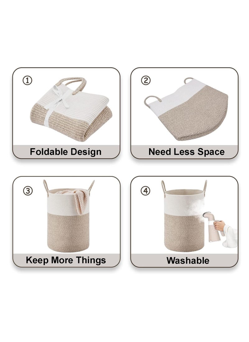TYCOM Laundry Hamper Cotton Rope Basket Woven Laundry Basket for Blankets Storage Hamper with Handle Comforter Cushions Storage Bins Thread Blanket Towels Home Storage White Light Grey Tall.  - Image 2