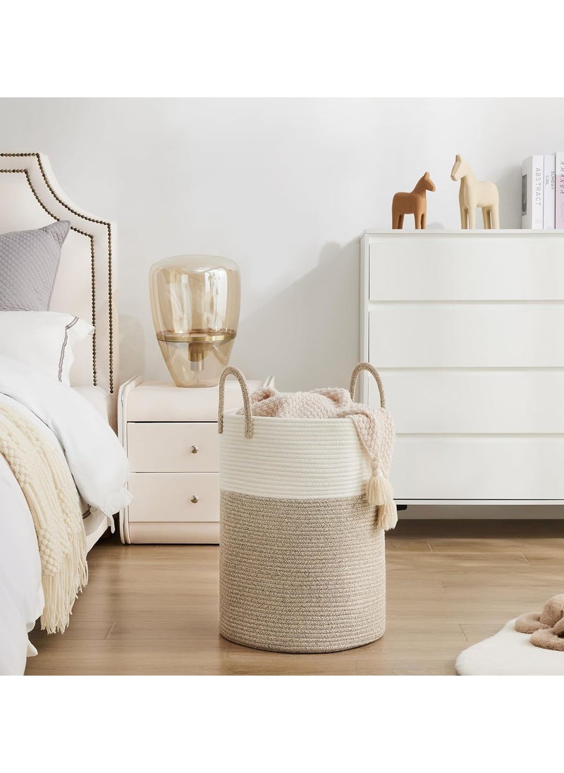 TYCOM - Laundry Hamper Cotton Rope Basket Woven Laundry Basket for Blankets Storage Hamper with Handle Comforter Cushions Storage Bins Thread Blanket Towels Home Storage White Light Grey Tall. - Image 1