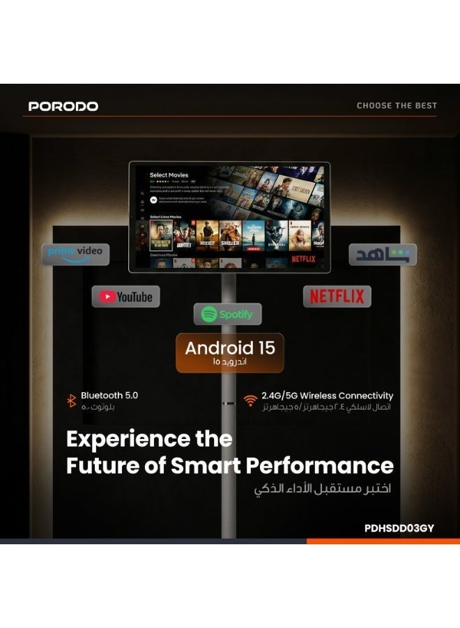 porodo Surf 21.5" Portable Smart Screen with Camera, 1080P Full HD Cordless Tv, Wi-Fi Android 15, 10h Watch Time, Touch Screen, Remote Control, Horizontal & Vertical View for Netflix Shahid YouTube - Image 4
