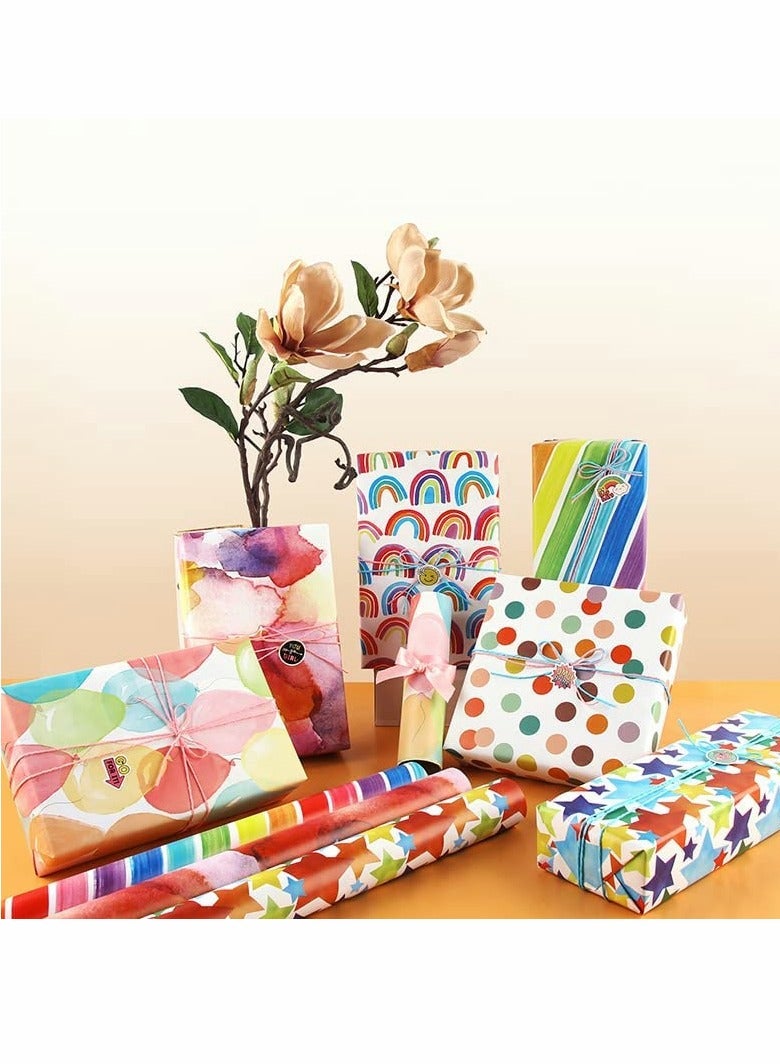 KASTWAVE Birthday Wrapping 6 Pack Gift Wrap Paper with Ribbon Sticker and Tape for Birthday Wedding Graduation Boy Girl kid baby Men Women All Occasion - Image 1