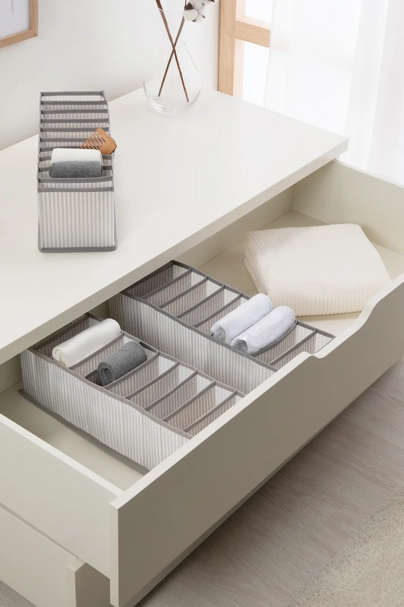 Ocean Home Textile 3 Pieces 10 Compartments Gray Striped Cabinet Drawer Inside Accordion Folding Laundry Organizer