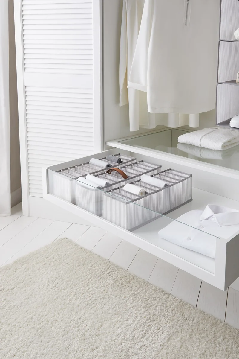 Ocean Home Textile 3 Pieces 10 Compartments Gray Striped Cabinet Drawer Inside Accordion Folding Laundry Organizer