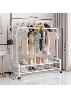 Generic Bold Hanger Floor Drying Rack Household Indoor Folding Vertical Clothes Shelf Simple Wardrobe Storage-Color:Recommended  White Double Rod Double Layer + Wheels 1.5m  - Image 1