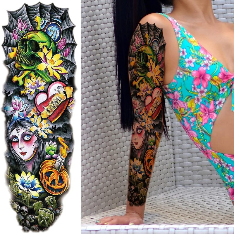 Briyhose Home & professional compatible Colorful Realistic Temporary Tattoo Sleeves For Kid, Full Arm Large Skull Fish Watercolor Fake Sleeve Tattoos Kid Women, Halloween Pumpkin Temp Tatoo Sticker Boy Girl Party Body Art Makeup, 6-Sheet Foldable - Image 4