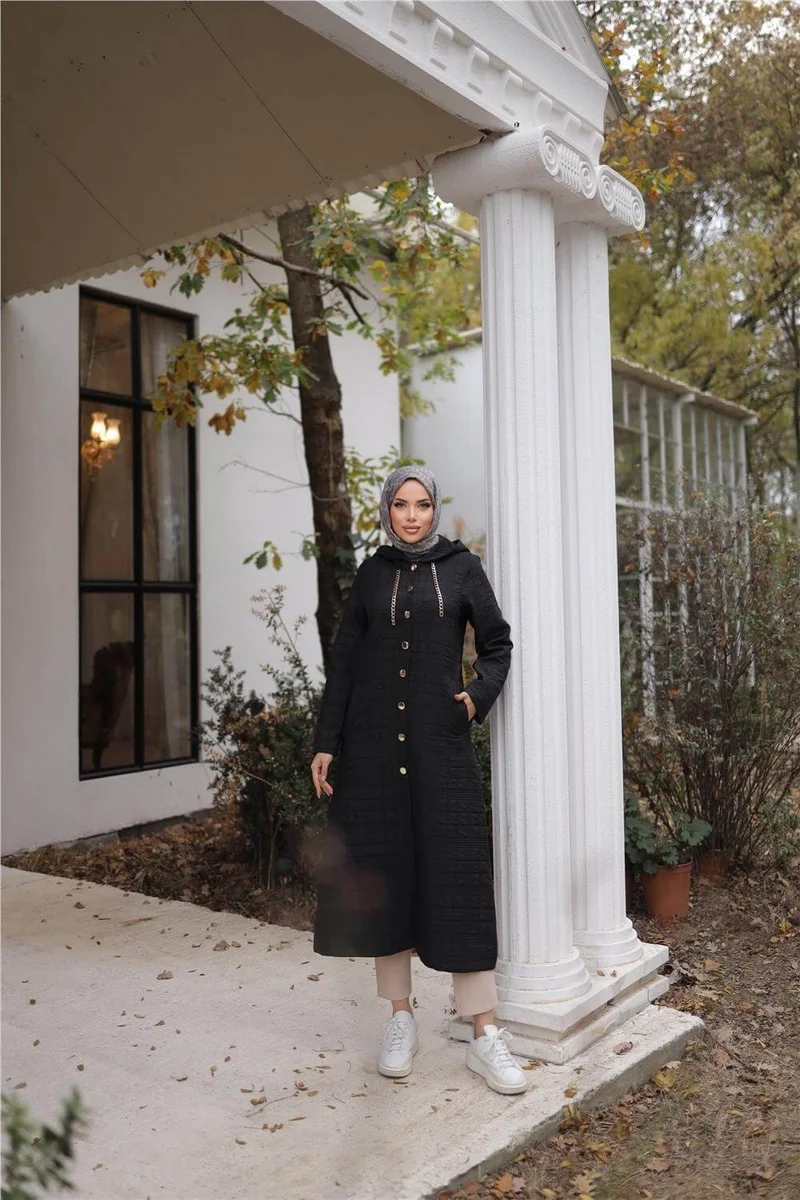 بي ويست Hooded Snap Button Two Side Pocket Long Coat - 71235.003 - Black