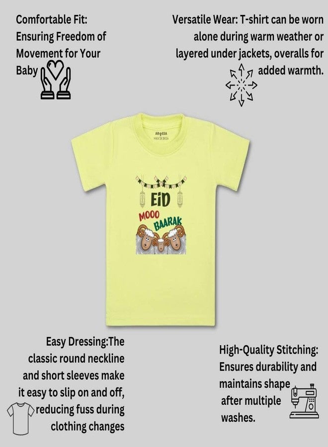 ARVESA Eid Mooo Baarak TS-905 Bakra Eid Baby Tshirt for Kids Boys & Girls Half Sleeves Round Neck Clothes Tshirt for Kids Boys 1 Months to 6 Years Dress Yellow - Image 3