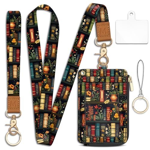 Piefly Plant Book Shelf Lanyard Wallet with ID Badge Holder, Floral Small RFID Wallet Women Keychain Wristlet, Slim Credit Card Holder with Zipper Pocket Phone Lanyard Wrist Strap Office Teacher Gift - Image 1