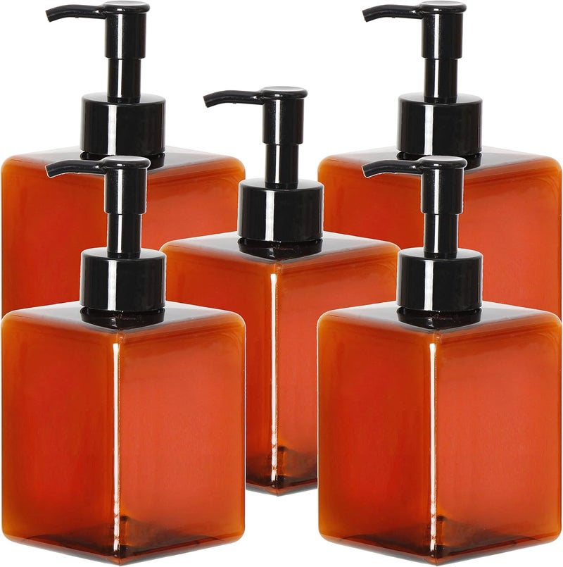 Youngever 5 Pack Amber Plastic Square Pump Bottles, Refillable Plastic Pump Bottles for Dispensing Lotions, Shampoos (360ML)