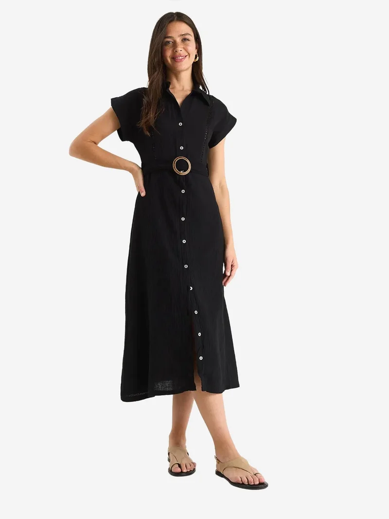 Bianco Lucci LUCCI Textured Cotton Midi Dress with Shirt Collar