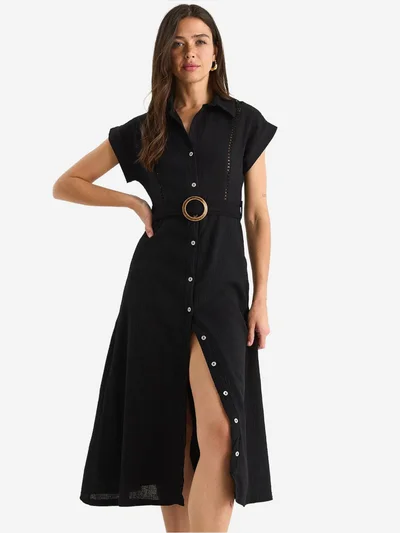 Bianco Lucci LUCCI Textured Cotton Midi Dress with Shirt Collar