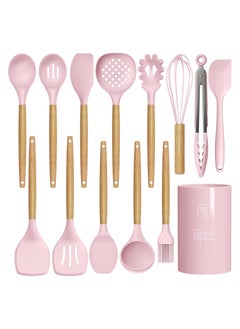 Swift 13 Pcs Silicone Cooking Utensil Set, Spatulas Nonstick Heat Resistant Cookware Set, Wooden Handle with Storage Bucket Pink  - Image 4