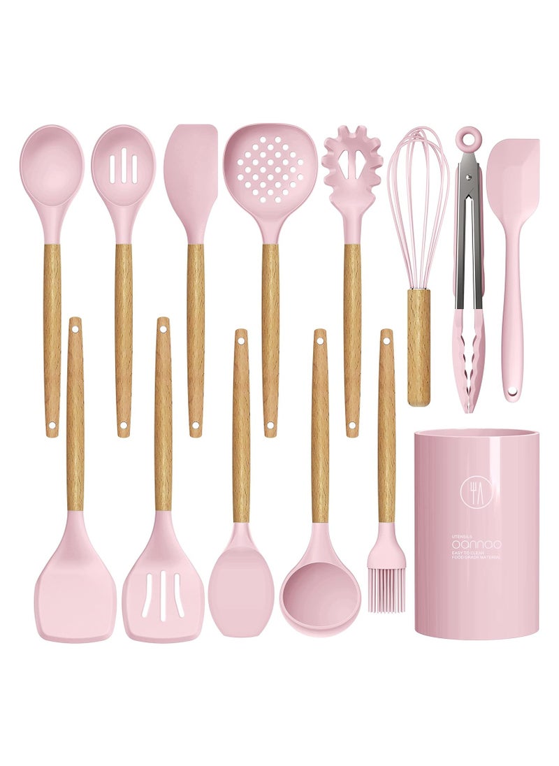 Swift 13 Pcs Silicone Cooking Utensil Set, Spatulas Nonstick Heat Resistant Cookware Set, Wooden Handle with Storage Bucket Pink  - Image 4