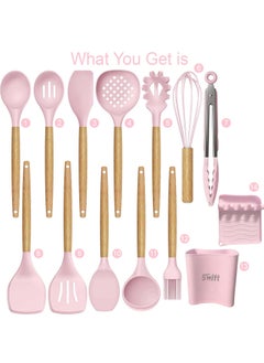 Swift 13 Pcs Silicone Cooking Utensil Set, Spatulas Nonstick Heat Resistant Cookware Set, Wooden Handle with Storage Bucket Pink  - Image 2