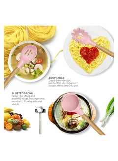 Swift 13 Pcs Silicone Cooking Utensil Set, Spatulas Nonstick Heat Resistant Cookware Set, Wooden Handle with Storage Bucket Pink  - Image 3
