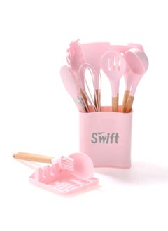 Swift 13 Pcs Silicone Cooking Utensil Set, Spatulas Nonstick Heat Resistant Cookware Set, Wooden Handle with Storage Bucket Pink  - Image 1