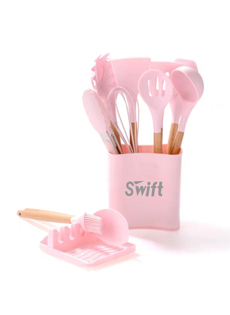 Swift 13 Pcs Silicone Cooking Utensil Set, Spatulas Nonstick Heat Resistant Cookware Set, Wooden Handle with Storage Bucket Pink  - Image 1