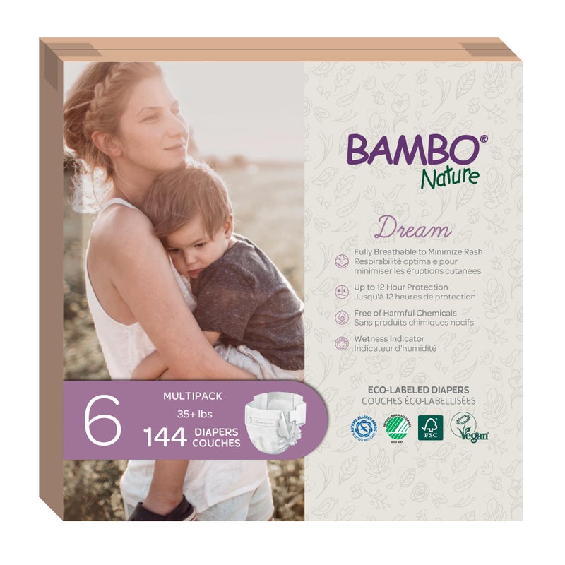 BAMBO NATURE حفاضات بامبو ناتشر المضادة للحساسية للأطفال، حفاضات مستدامة مع علامة بيئية، حماية معززة من التسرب، خالية تمامًا من الكلور، صديقة للبشرة، وامتصاص فائق - الحجم 6 (144 قطعة) - Image 1