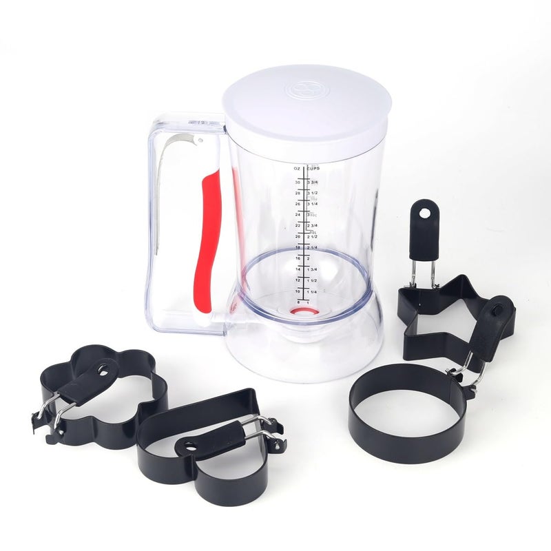 Pancake Batter Dispenser with Squeeze Handle for Precise Portion Control Clear Measuring 4 Cup Batter Separator for Cookie Cake Waffles Muffin with 4 Egg Ring Molds