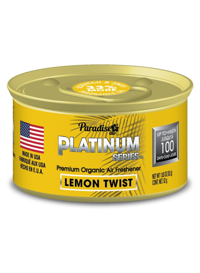 Paradise Platinum Series Premium Organic Air Freshener Lemon Twist- Spill-Proof Scented Tin for Home, Office & Auto - 1.5oz Can (Made in USA)