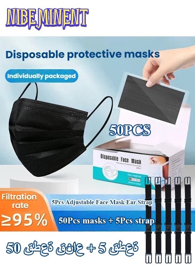 NIBEMINENT 50-Piece 3-Layer Disposable Black Face Mask For Adults with 5Pcs Adjustable Face Mask Ear Strap Extender - Anti Strangulation, Soft and Comfortable - Image 1