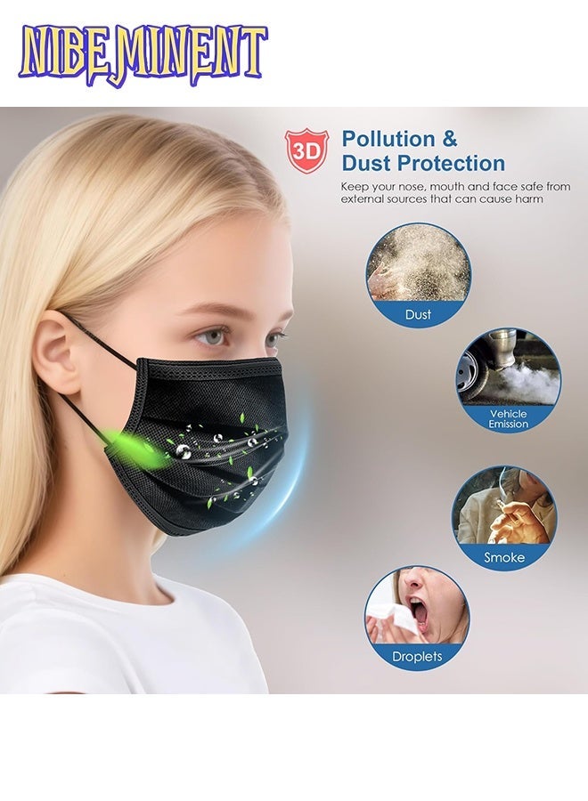 NIBEMINENT 50-Piece 3-Layer Disposable Black Face Mask For Adults with 5Pcs Adjustable Face Mask Ear Strap Extender - Anti Strangulation, Soft and Comfortable - Image 2