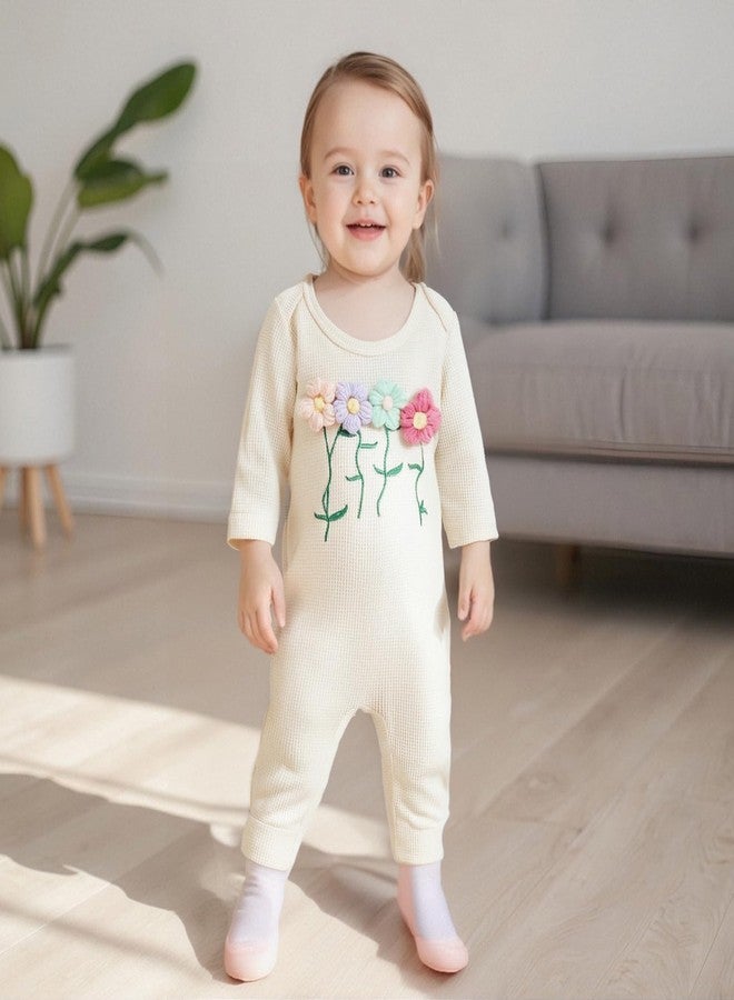 Amnnchya Newborn Baby Girl Clothes Fall Winter Floral Jumpsuit Infant Toddler Long Sleeve Waffle Romper Coming Home Outfit (Beige, 0-3 Months) - Image 2