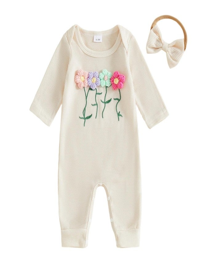 Amnnchya Newborn Baby Girl Clothes Fall Winter Floral Jumpsuit Infant Toddler Long Sleeve Waffle Romper Coming Home Outfit (Beige, 0-3 Months) - Image 1
