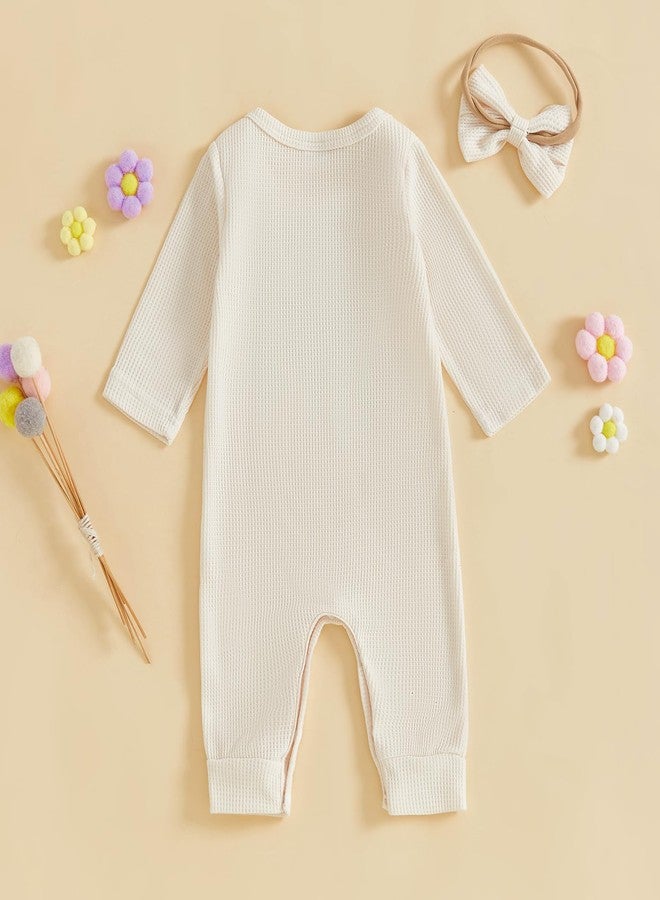Amnnchya Newborn Baby Girl Clothes Fall Winter Floral Jumpsuit Infant Toddler Long Sleeve Waffle Romper Coming Home Outfit (Beige, 0-3 Months) - Image 4