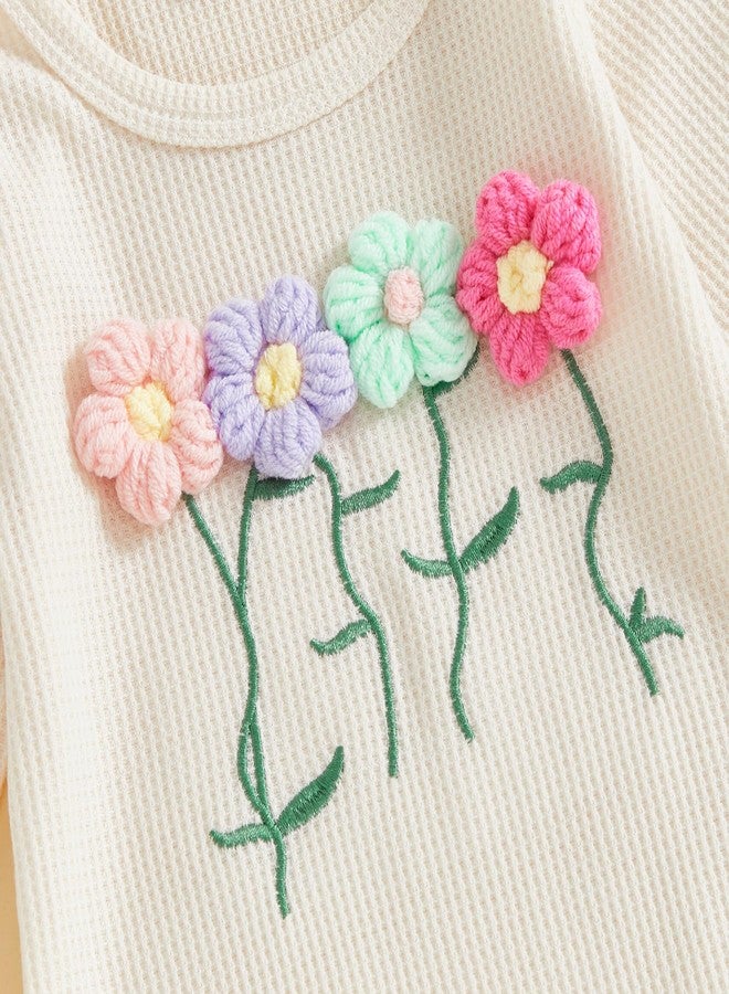Amnnchya Newborn Baby Girl Clothes Fall Winter Floral Jumpsuit Infant Toddler Long Sleeve Waffle Romper Coming Home Outfit (Beige, 0-3 Months) - Image 5