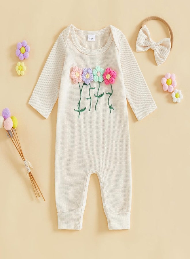 Amnnchya Newborn Baby Girl Clothes Fall Winter Floral Jumpsuit Infant Toddler Long Sleeve Waffle Romper Coming Home Outfit (Beige, 0-3 Months) - Image 3