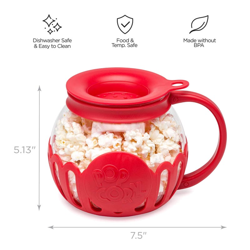 Ecolution Patented Micro-Pop Microwave Popcorn Popper with Temperature Safe Glass, 3-in-1 Lid Measures Kernels and Melts Butter, Made Without BPA, Dishwasher Safe, 1.5-Quart, Red - Image 3