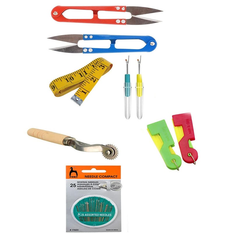 faas Multipurpose Tailoring Sewing Kit Accessory Combo9 Product 2 PS Plastic Seam Ripper Stitch 2 PS Thread Cutter 1 PS Measuring Tape1 psTracing Wheel 2 pSNeedle Threader 1Compact Needle - Image 1