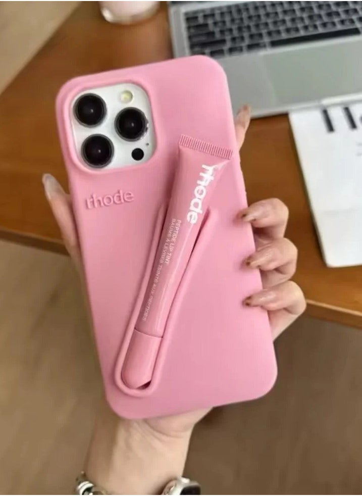 Rhode iPhone 16 Pro Max Case with Lip Gloss ,Mobile phone case Lipstick Set(Ribbon), Shockproof, scratch-resistant, portable, Rhode Applicable to iPhone 16 Pro Max