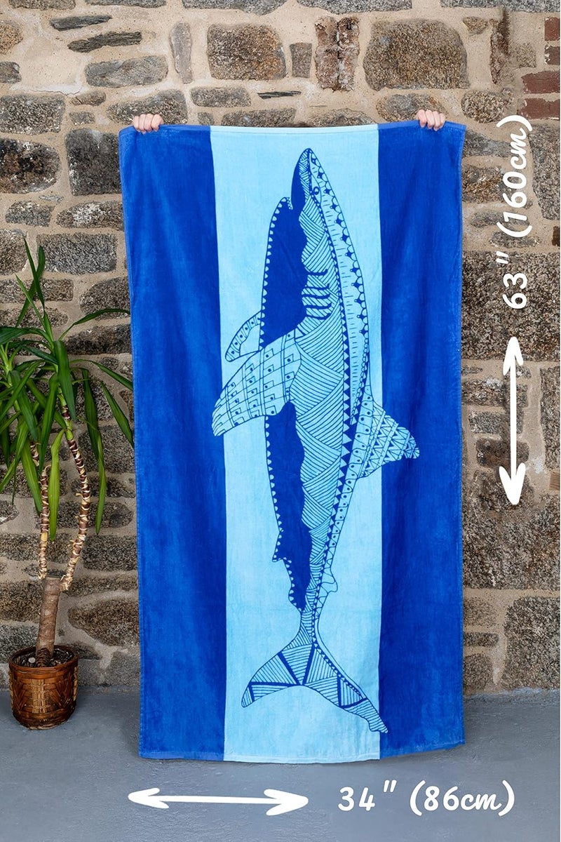 Nova Blue Shark Beach Towel – Blue with A Tropical Design, Extra Large, XL (34”x 63”) Cool Hawaiian, Navy Beach Towel with Light Blue Stripe, Made from 100% Cotton - Image 2