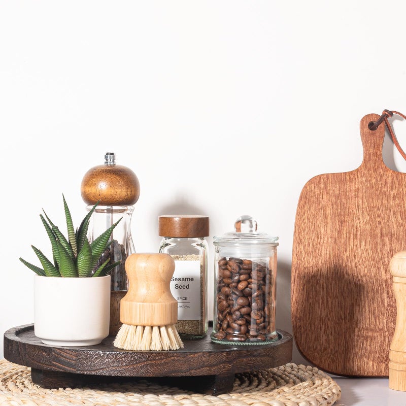 zoocatia Round Decorative Tray Wood Bathroom Counter Organizer Farmhouse Kitchen Decor Wooden Riser for Soap Dish, Perfume, Candle, Sponge, 10" - Dark Brown - Image 3