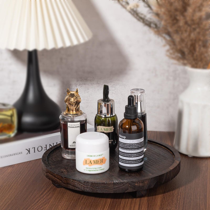 zoocatia Round Decorative Tray Wood Bathroom Counter Organizer Farmhouse Kitchen Decor Wooden Riser for Soap Dish, Perfume, Candle, Sponge, 10" - Dark Brown - Image 2
