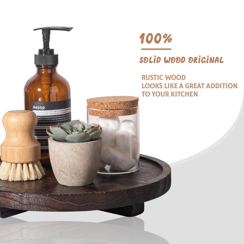 zoocatia Round Decorative Tray Wood Bathroom Counter Organizer Farmhouse Kitchen Decor Wooden Riser for Soap Dish, Perfume, Candle, Sponge, 10" - Dark Brown - Image 4