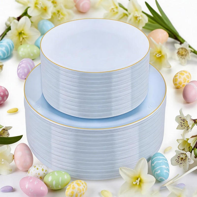 PULOTE 100PCS Blue Plastic Plates - Disposable Light Blue Include 50 Dinner & 50 Dessert/Salad Plates for Party, Wedding & Easter - Image 1