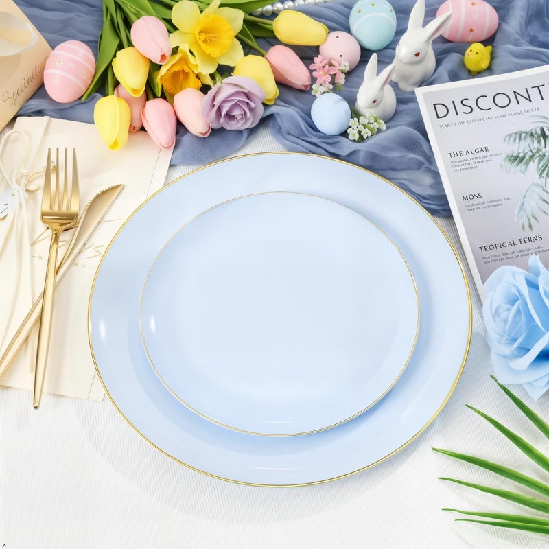 PULOTE 100PCS Blue Plastic Plates - Disposable Light Blue Include 50 Dinner & 50 Dessert/Salad Plates for Party, Wedding & Easter - Image 3