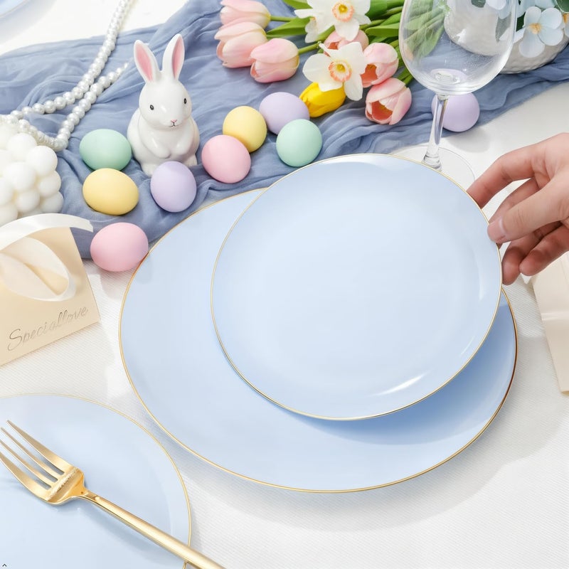 PULOTE 100PCS Blue Plastic Plates - Disposable Light Blue Include 50 Dinner & 50 Dessert/Salad Plates for Party, Wedding & Easter - Image 4