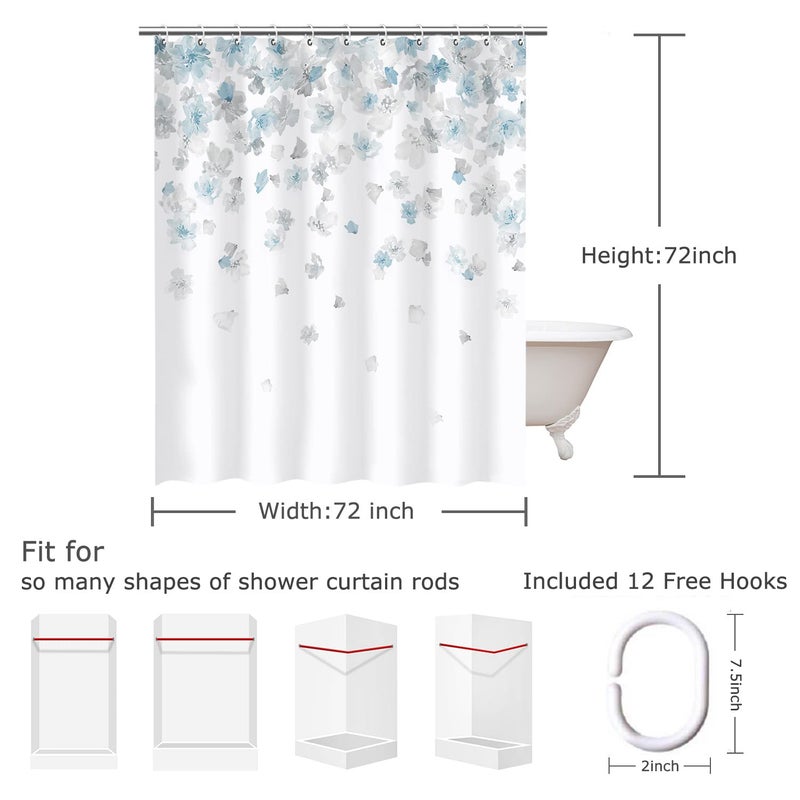 LIVILAN Floral Shower Curtain, Blue and Gray, Weeping Flower with 12 Hooks, Light Blue Simple for Bathroom, Light Grey Waterproof Decorative, 72" W x 72" H - Image 4